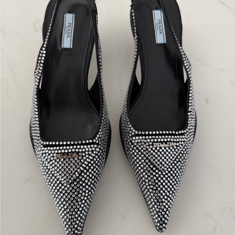 Prada Women's Black and Silver Embellished Heels